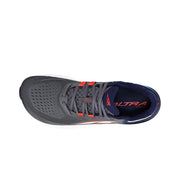 A gray running shoe from above on a white background