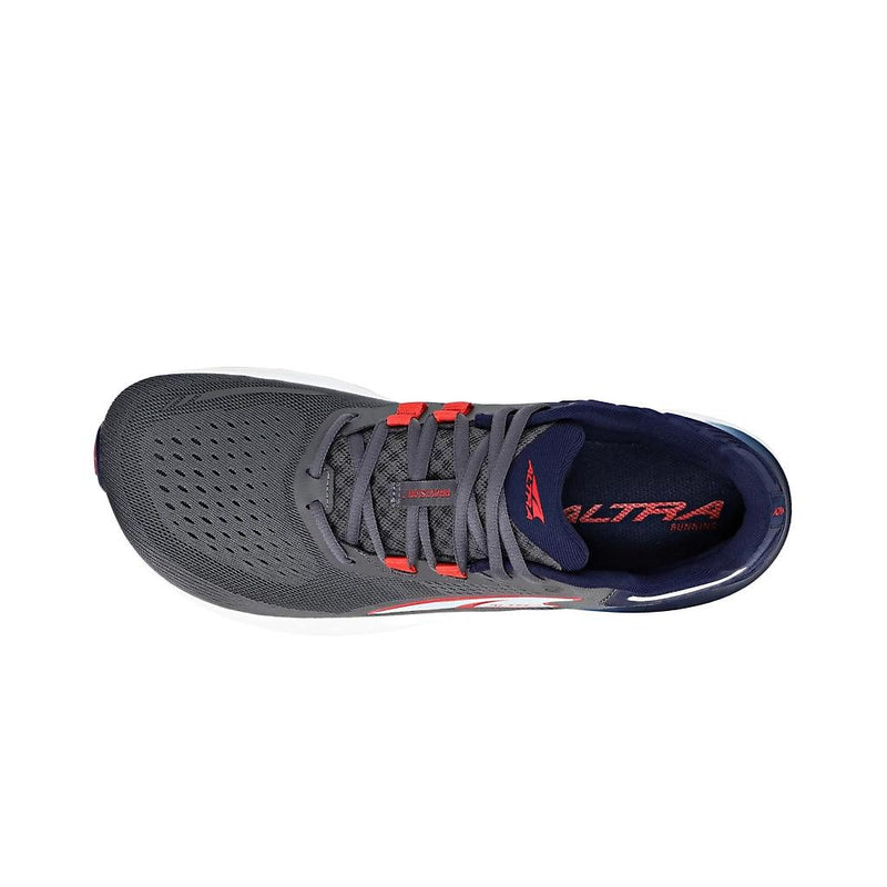 A gray running shoe from above on a white background