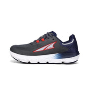 A gray running shoe with a white bottom on a white background