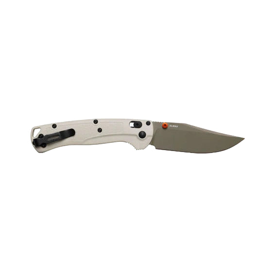 Folding knife with a beige handle and silver blade on a white background