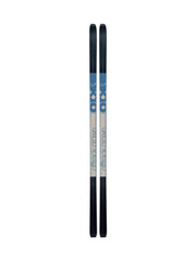 A pair of blue, white and black colored skis against a white background. 