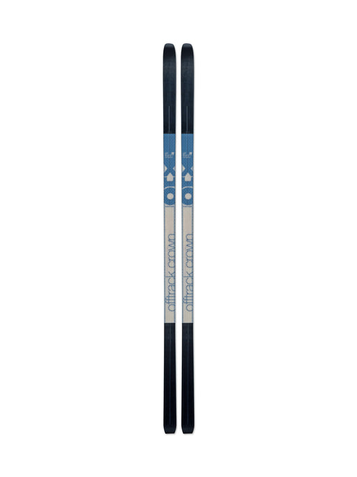 A pair of blue, white and black colored skis against a white background. 