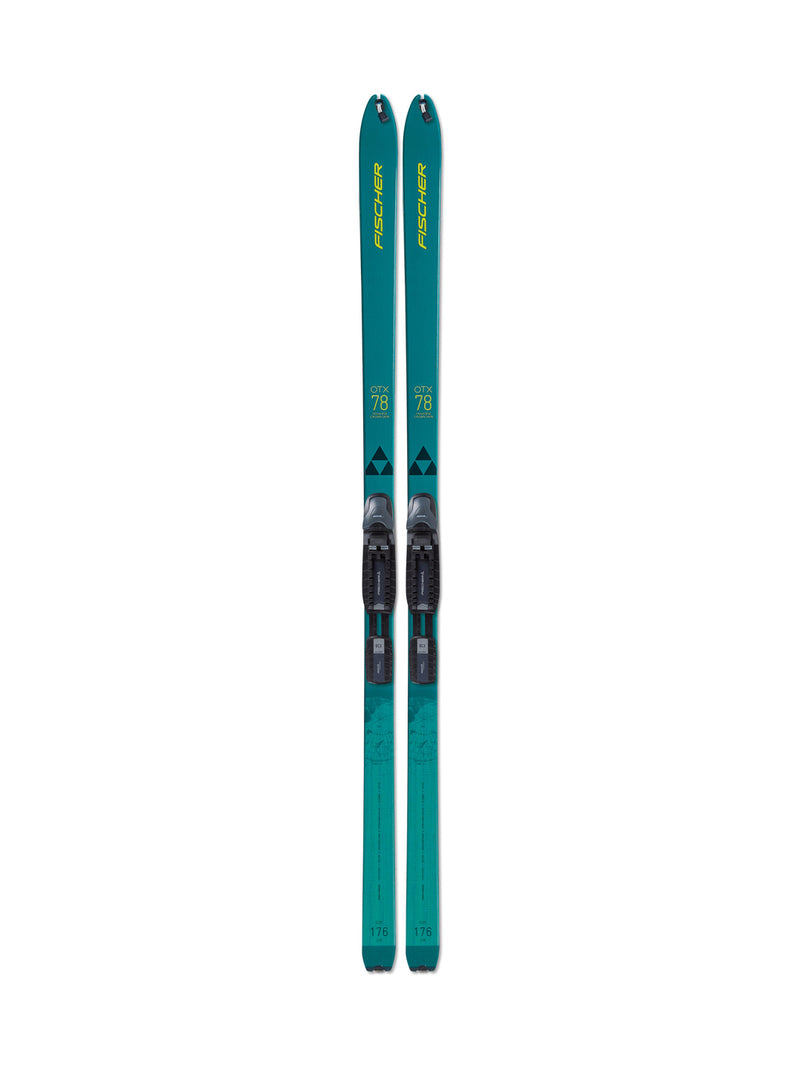 A pair of teal colored skis against a white background. 