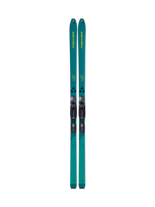A pair of teal colored skis against a white background. 