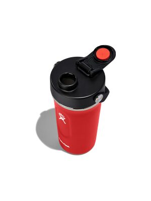 Top view of a red colored Hydro Flask bottle with the lid open against a white background. 
