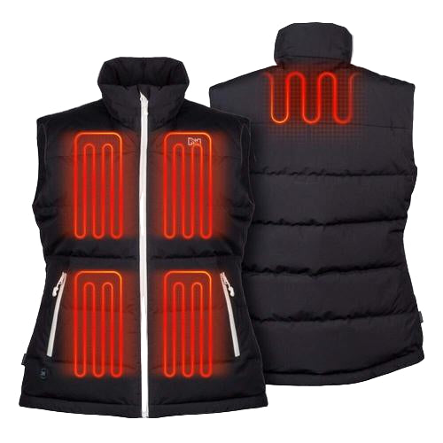 Black heated vest with visible heating elements on a white background