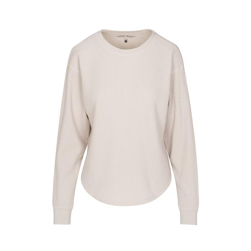 Oatmeal heather colored long sleeve shirt against a white background. 