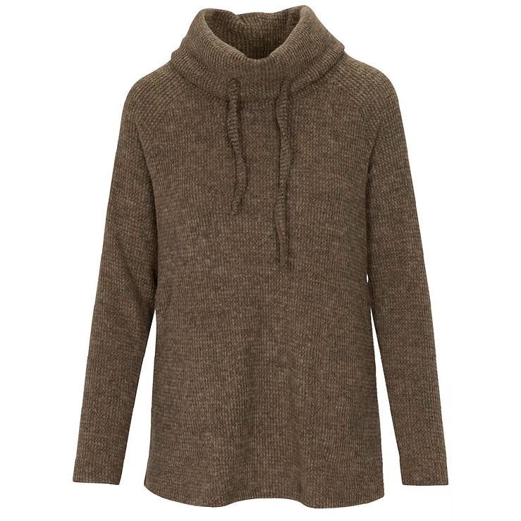 Brown knitted sweater with a high collar on a white background