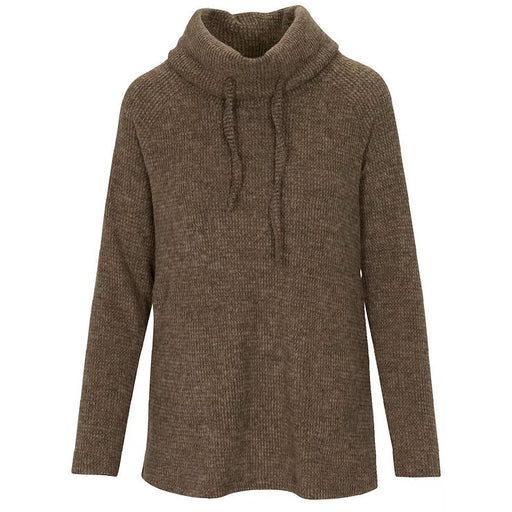 Brown knitted sweater with a high collar on a white background