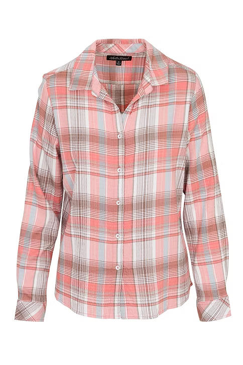 Women's Crinkle Woven Plaid Long Sleeve Shirt | Coral Haze
