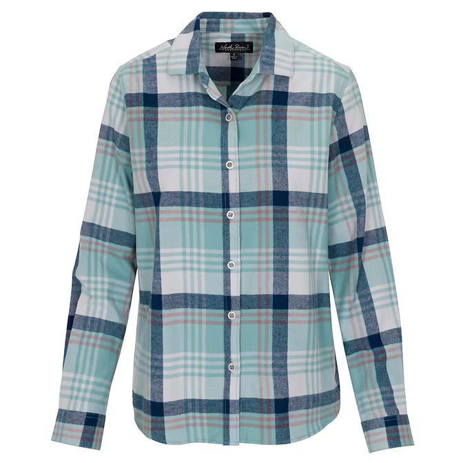 Arctic blue and white button down flannel shirt against a white background. 