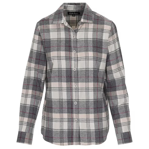 Grey heather flannel button down shirt against a white background. 