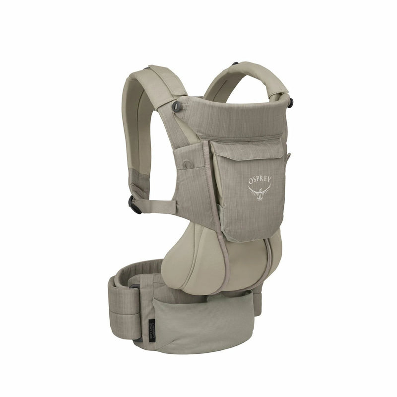 Side view of a concrete grey child carrier against a white background. 