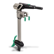 Grey and black electric outboard motor on a white background.