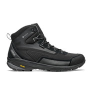 Side view of a black winter hiking boot against a white background. 