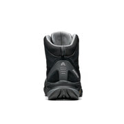 Back view of a black winter hiking boot against a white background. 