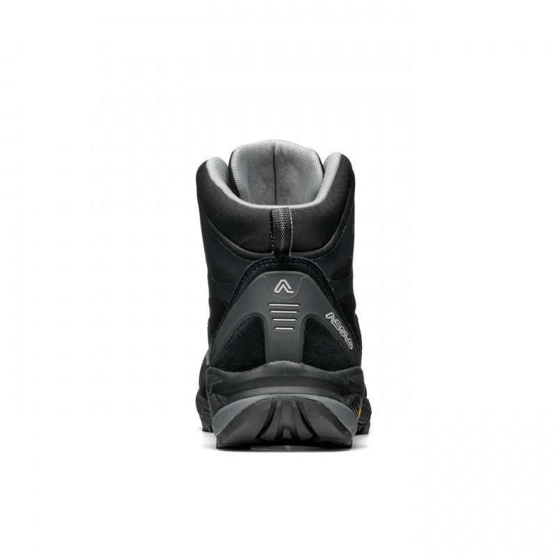 Back view of a black winter hiking boot against a white background. 