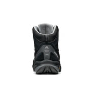 Back view of a black winter hiking boot against a white background. 
