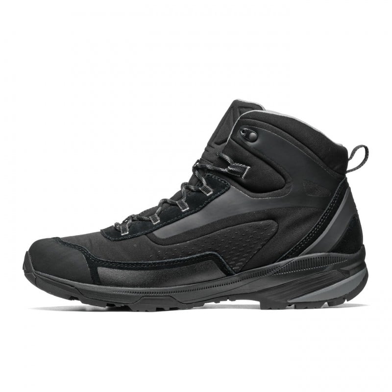 Side view of a black winter hiking boot against a white background. 