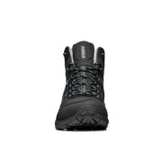 Frontal view of a black winter hiking boot against a white background. 