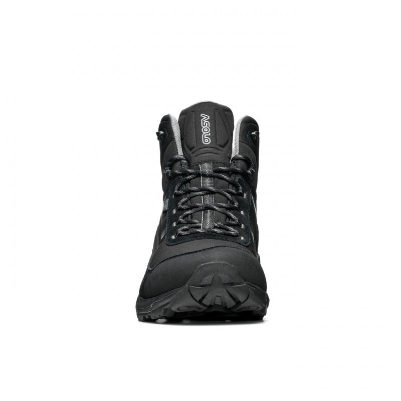 Frontal view of a black winter hiking boot against a white background. 