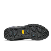 Bottom view showcasing the tread of a black winter hiking boot against a white background. 