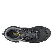 Top view of a black winter hiking boot against a white background. 