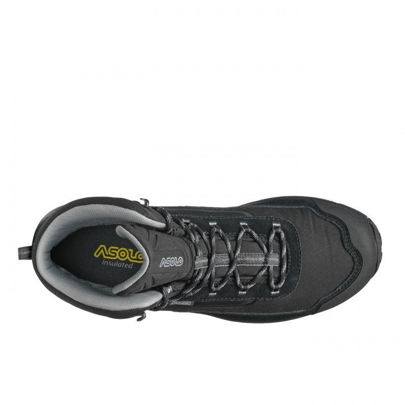 Top view of a black winter hiking boot against a white background. 