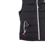 Black puffer vest with white zipper on a light gray background