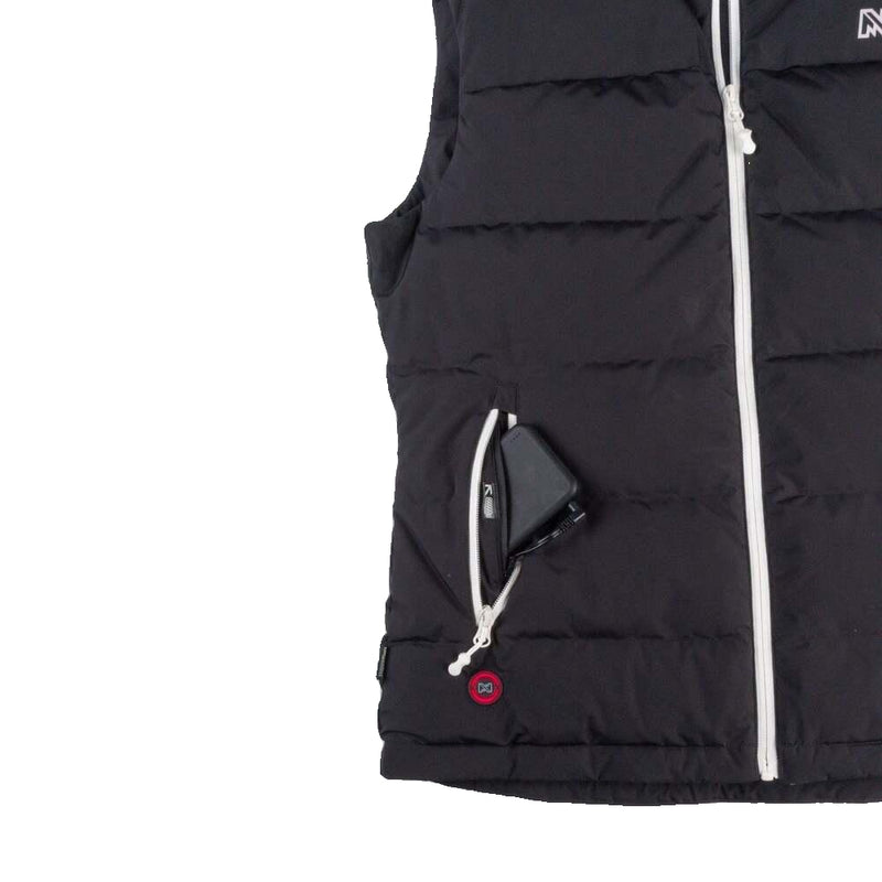 Black puffer vest with white zipper on a light gray background