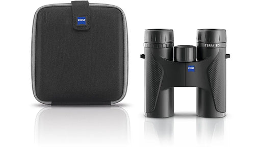 A black pair of binoculars and a black carrying case on a white background