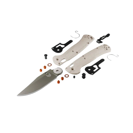 Knife assembly kit with blade and components on a white background