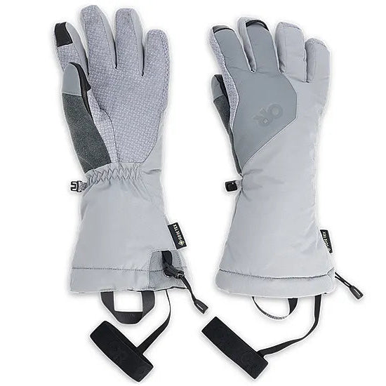 A pair of light gray and dark gray touchscreen ski gloves with black wrist straps, shown flat against a white background.
