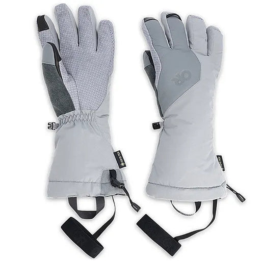 A pair of light gray and dark gray touchscreen ski gloves with black wrist straps, shown flat against a white background.