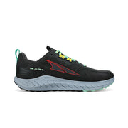 A black running shoe with teal laces and a gray bottom on a white background
