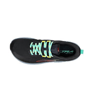 A black running shoe with teal laces from above on a white background