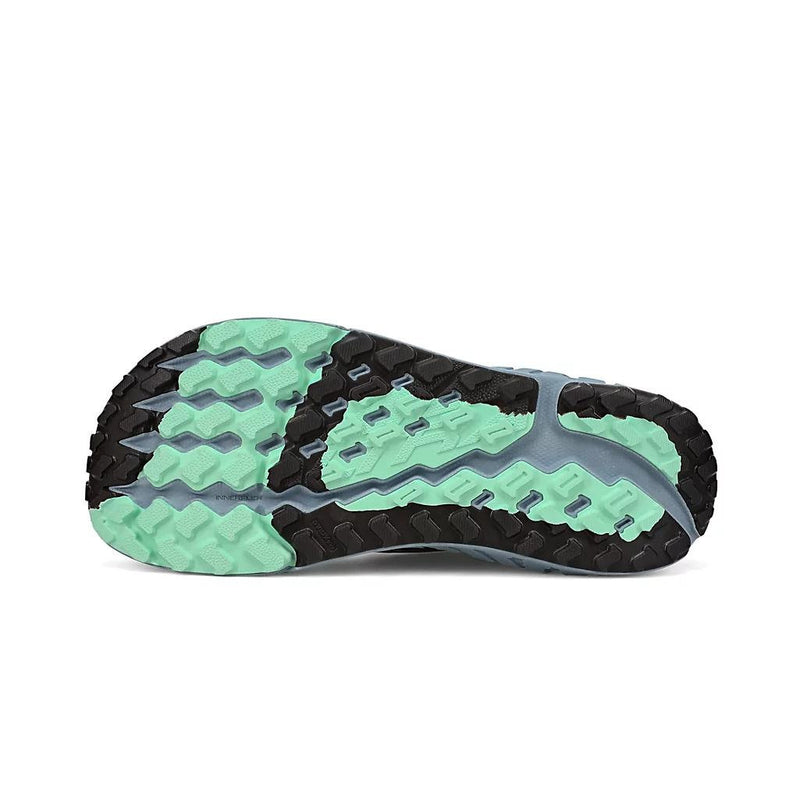 The bottom of a black running shoe on a white background