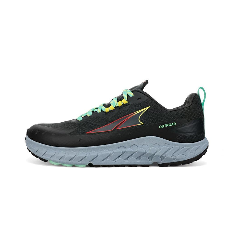 A black running shoe with teal laces and a gray bottom on a white background