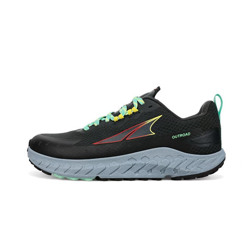 A black running shoe with teal laces and a gray bottom on a white background