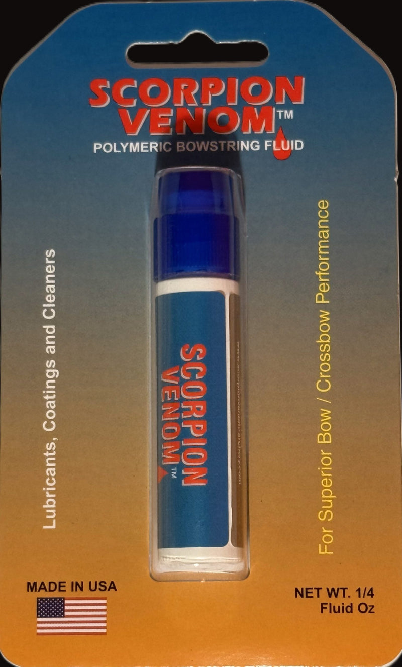 Scorpion Venom polymeric bowstring fluid packaging on a blue and orange background