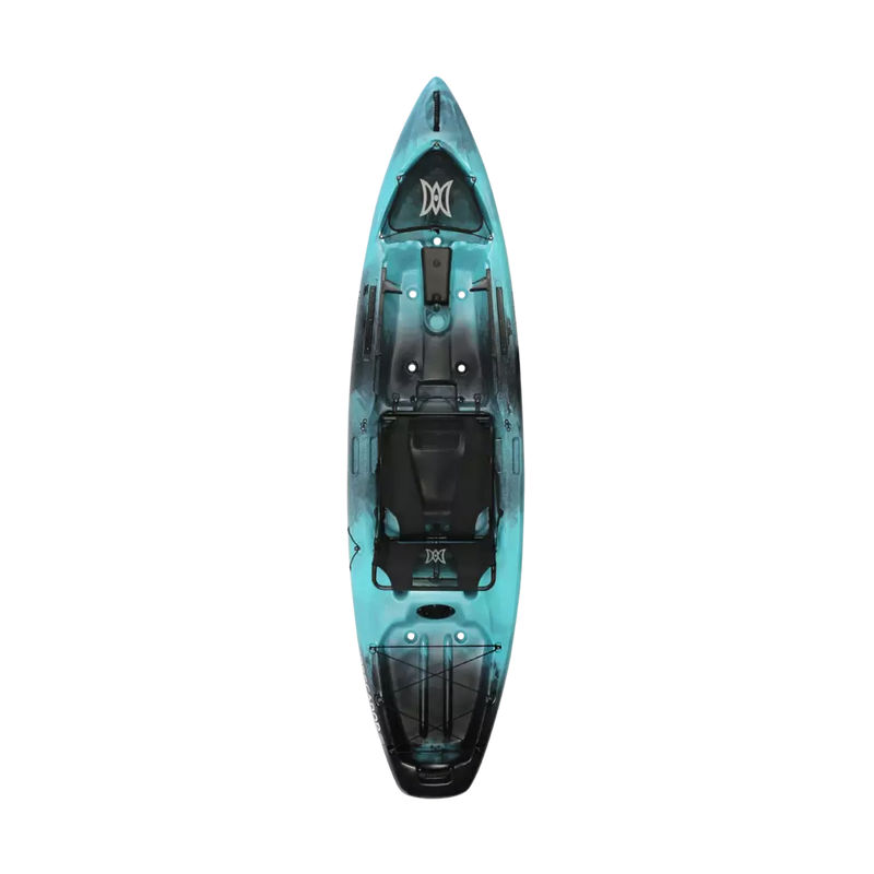 Blue and black kayak on a white background