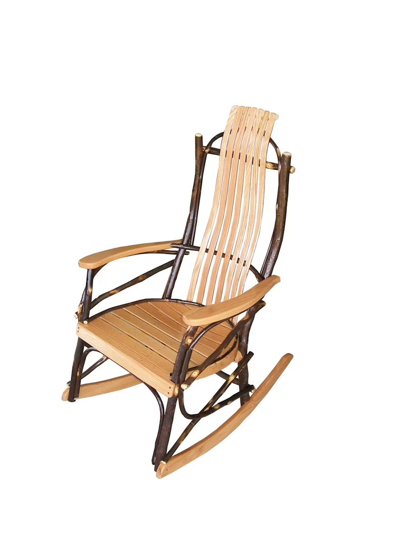 Tan hickory wood rocking chair with brown branch-like accents.