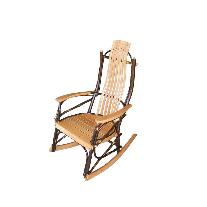 Tan hickory wood rocking chair with brown branch-like accents.