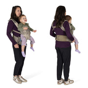 Two women wearing baby carriers with children on a white background