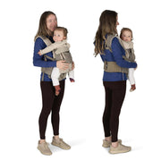 Woman using a baby carrier on a white background