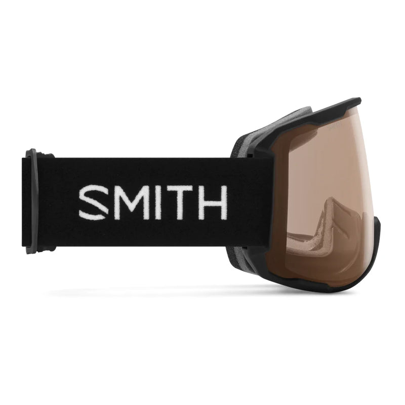 Smith goggles with a black frame and brown lens on a white background