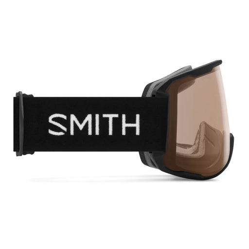 Smith goggles with a black frame and brown lens on a white background