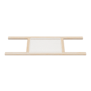 Front view of an ash wood canoe seat with natural staining and a rattan cane fiber seat against a white background. 