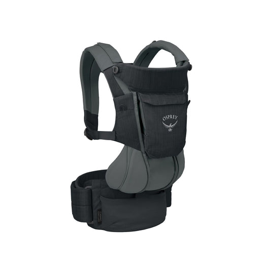 Black and gray Osprey baby carrier on a white background