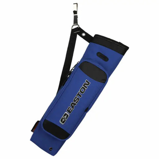 A blue and black Easton archery quiver with a black strap and metal clip, shown on a plain white background.